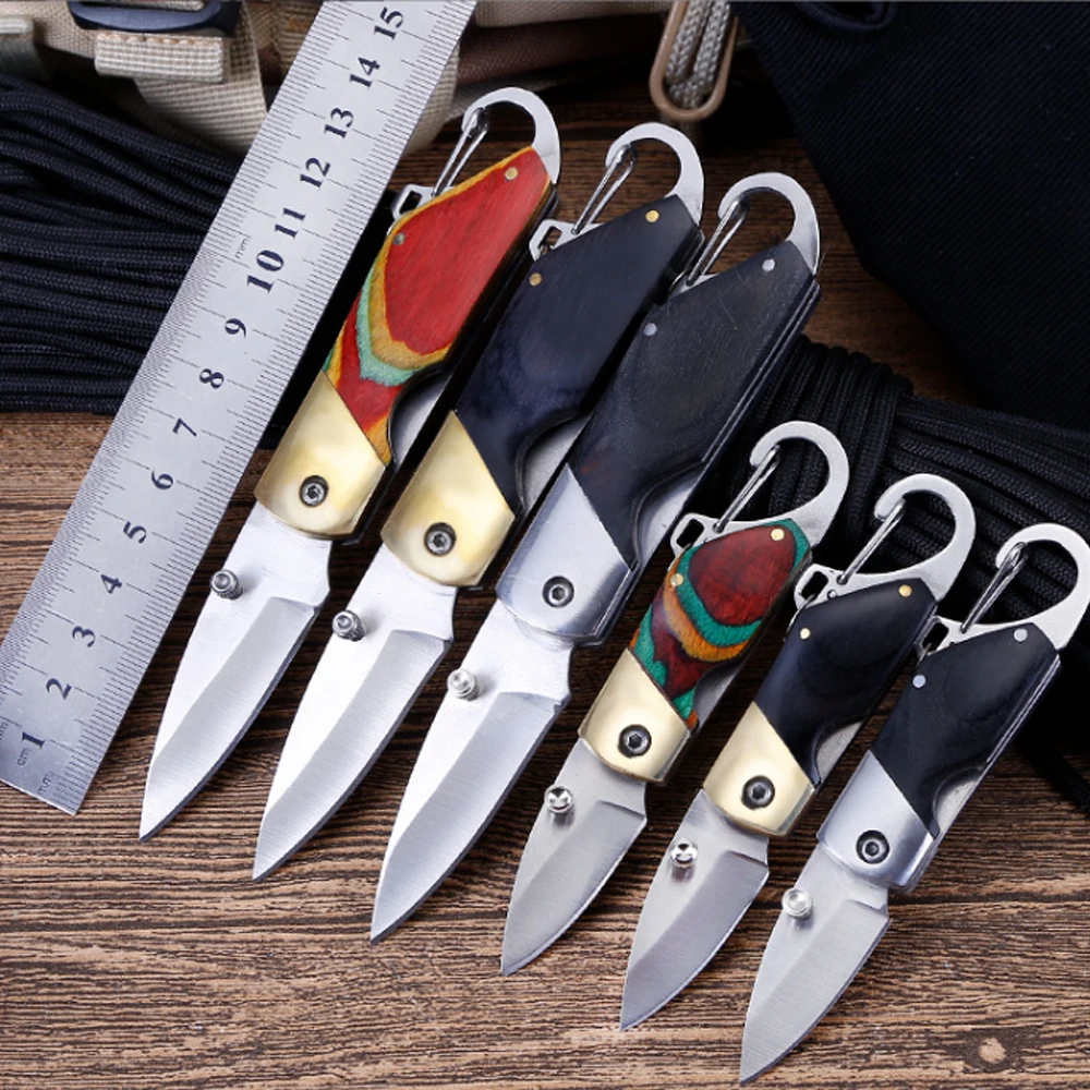 Mini Wood Handle Keychain Pocket Knife Stainless Steel Camping Small Mini Portable Knife Peeler Fixed Blade Multi EDC Tool