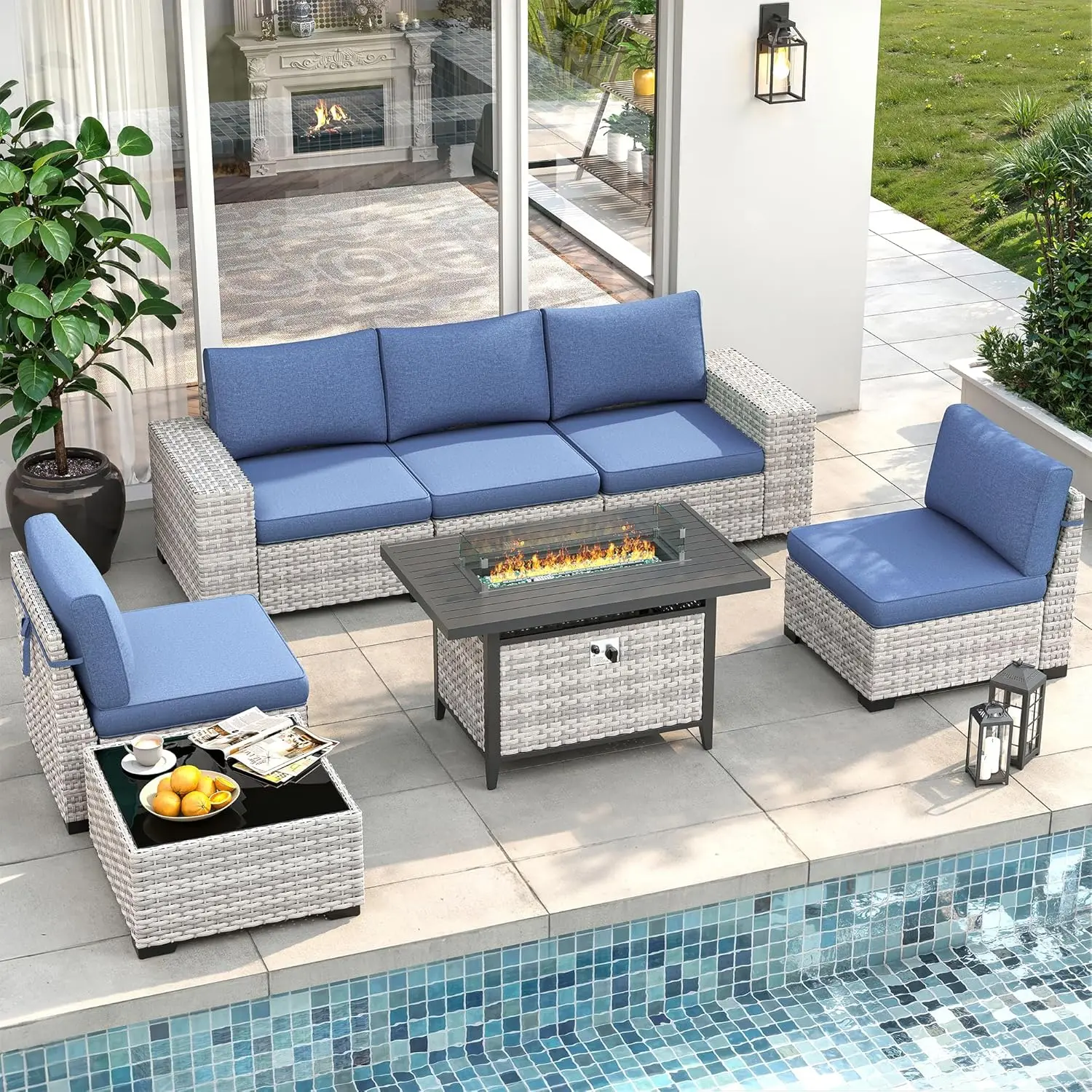 

7 Piece Outdoor Wicker Rattan Sectional Sofa Set With Fire Pit Table, 5-Seats Conversation Set With 4" Thickened, Customized