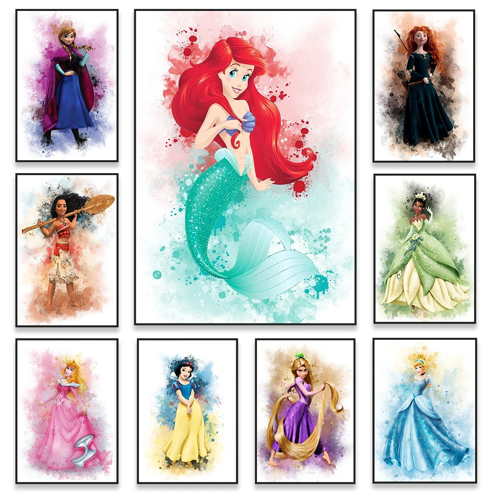 Princess Watercolour Prints Disney Princess Poster Cartoon Wall Decor Little Mermaid Princess Moana Rapunzel Canvas Painting