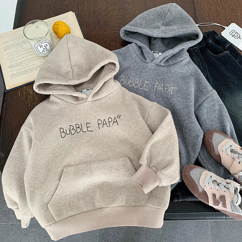 

Детский свитшот UNITIM для маленьких мальчиков, утепленные толстовки с капюшоном для маленьких мальчиков, новые зимние детские пуловеры с вышивкой букв для мальчиков