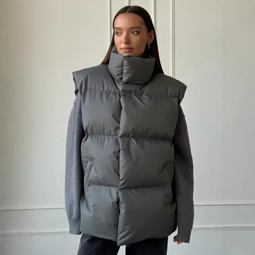 

European and American cotton clothes autumn and winter warm cotton padded jacket vest zipper women's stand-up collar jacket stre