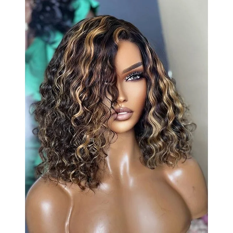 Short Curly 100%  Hair Wig 4x4 Lace Front Wig Black Glueless Blonde Bob Wig