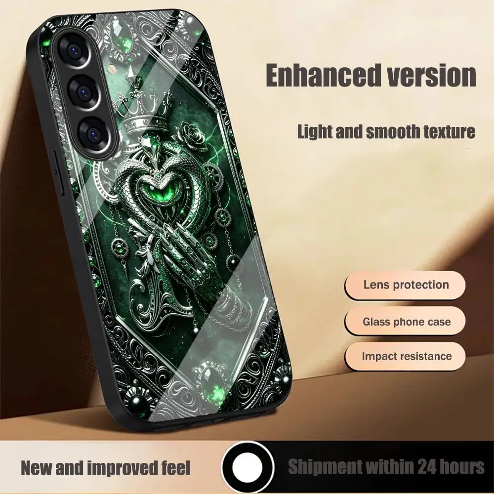 Green Snake Crown R HD Multi-color variants glass phone case for Samsung Galaxy S26 S25 S24 S23 S22 FE,Ultra,Plus Dropresistant