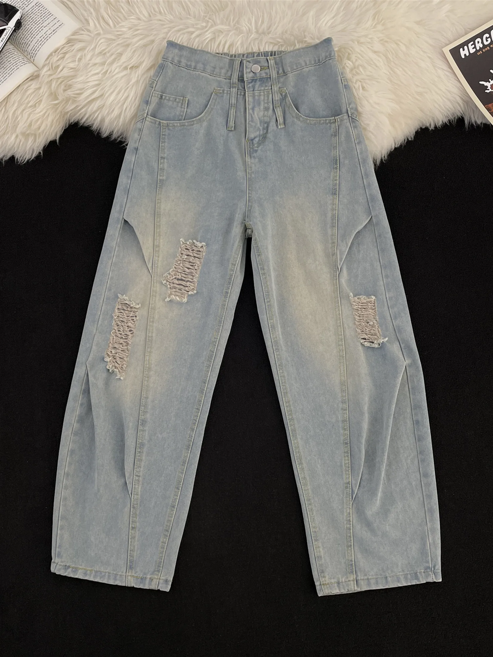 

Trendy Men's Loose Wide Leg Jeans Design Sense Hole American High Street Straight Cut Autumn New Sle Faionable Casual Pants