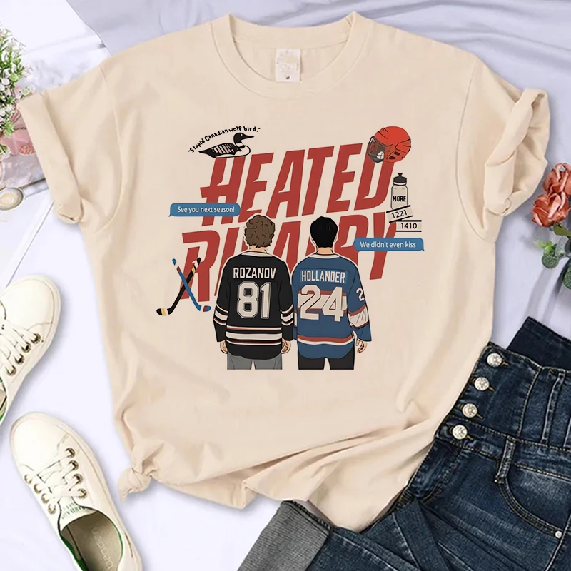 Casual Gothic Tees Tops Women Graphic Vintage T-Shirt Heated Rivalry Print Crew Neck Sleeve T Shirt Clothes Aesthetic Clothes