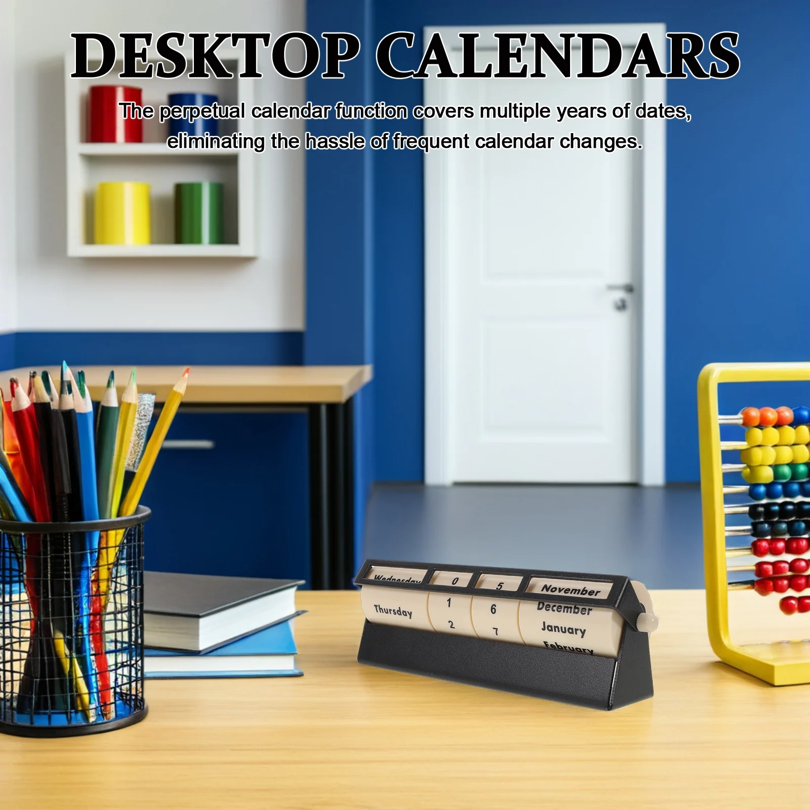 Rollender ewiger Kalender, manueller drehbarer Tischkalender, wiederverwendbare Metall-Tischplatte, dekorative Datumsanzeige für Büro, Zuhause, Studium