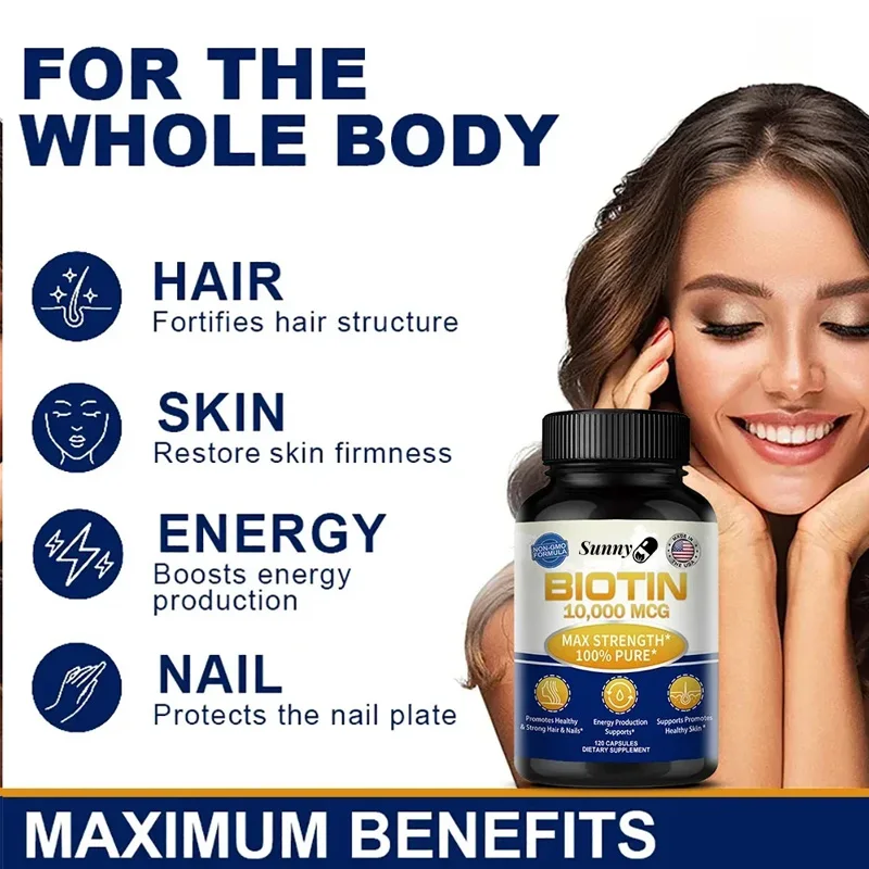 Biotin 10,000mcg Supplement 120 Capsules, Maximum Strength 100% Pure, For Hair, Skin & Nails, Energy Production