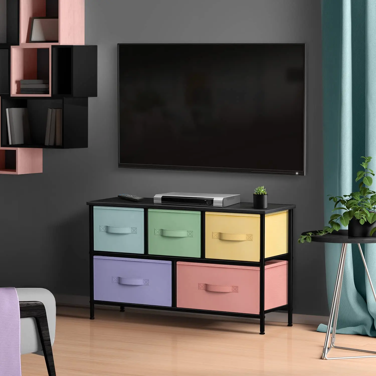 Dresser with 5 Fabric Drawers & Wood Top (Multi Color/Black), Customized