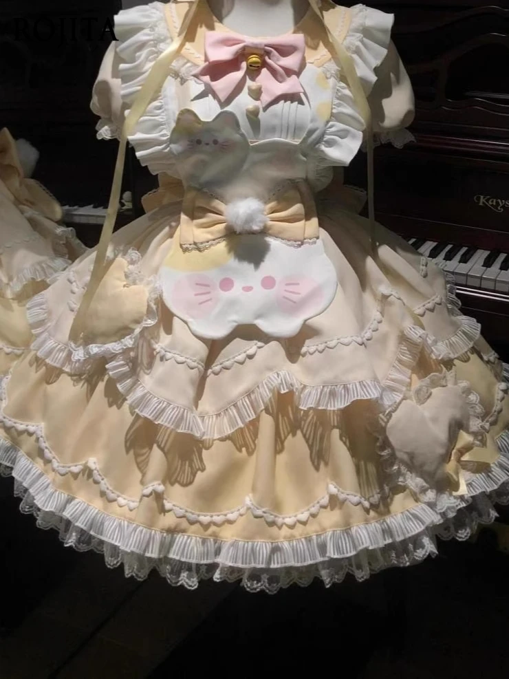 

Cute Soft Girl Style Puff Sleeve Lolita Dress Summer Cream Yellow Contrast Color Dress and Cartoon Apron Set