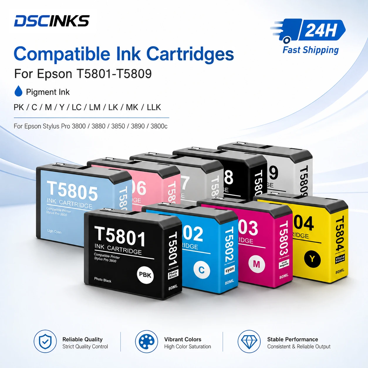 T5801-T5809 For Epson Stylus Pro 3800 3880 Compatible Ink Cartridges With 80ML Full Pigment Ink Chip T580100 T580200 9Colors