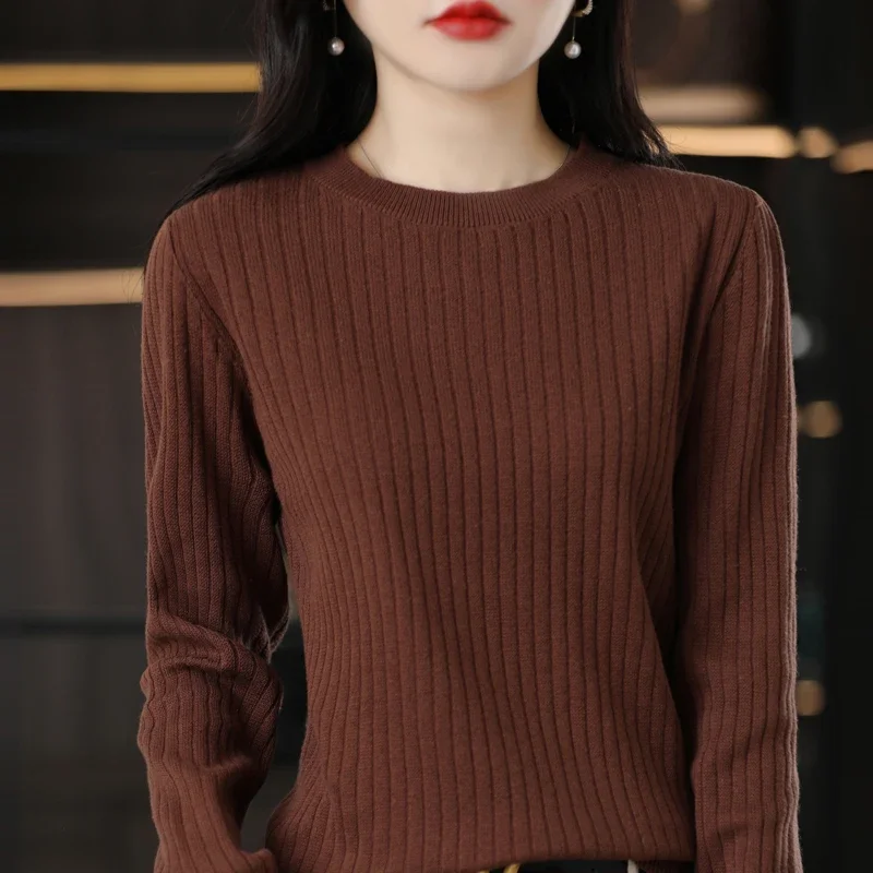 Autumn Winter Women 100% Cotton Sweater O-Neck Pullover Vertical Pit Strip Long Sleeve Knitwear Slim Warm Bottoming Tops MT3