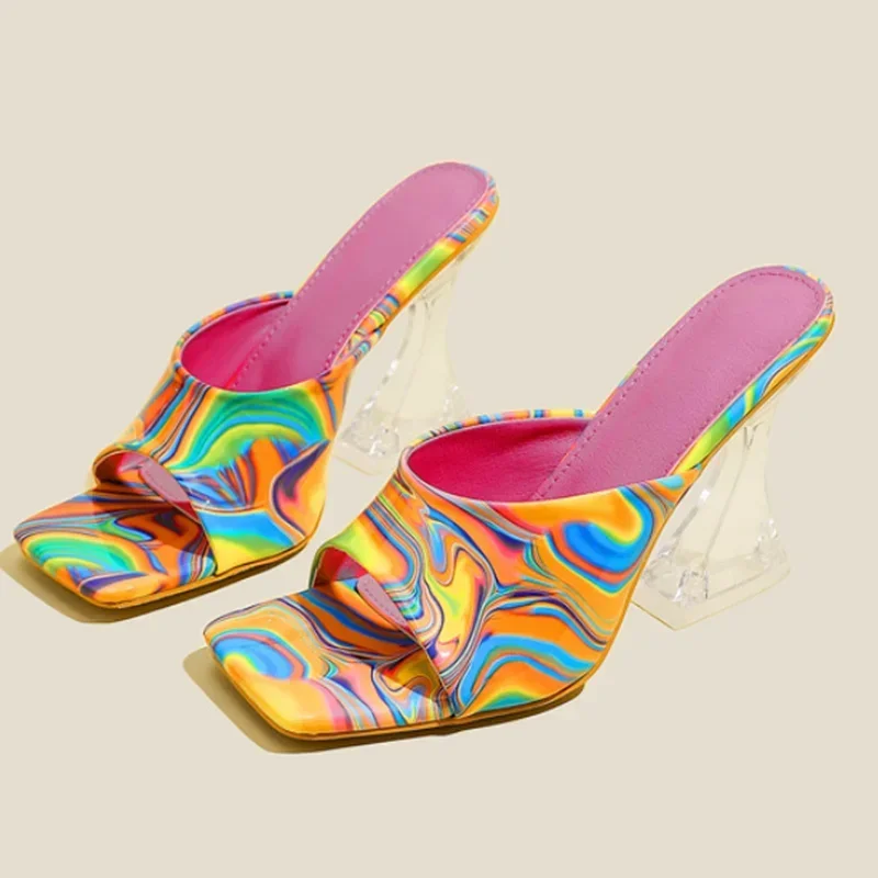 

Colorful Printing Summer High Heels 2025 New Fashion Square Head Crystal High Heel Slippers Women's Sandals Outdoor Casual