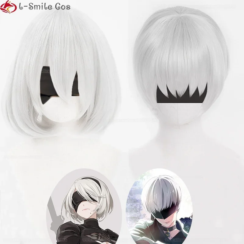 High Quality  YoRHa No. 2 Type B 2B YoRHa No.9 Type S 9S Cosplay Wig Short Silver White Hair Party Wigs  Wig Cap