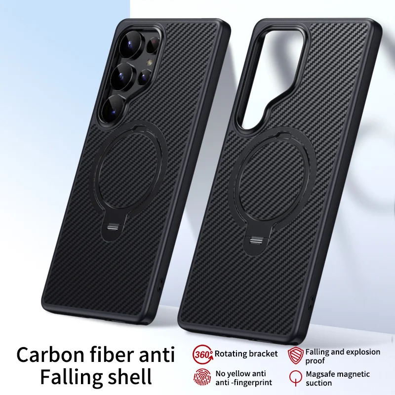 

Phone Case for Samsung S25 Ultra S24 Plus S23 Protective Case Carbon Fiber Magnetic Rotate Bracket MagSafe Shock Proof Cover