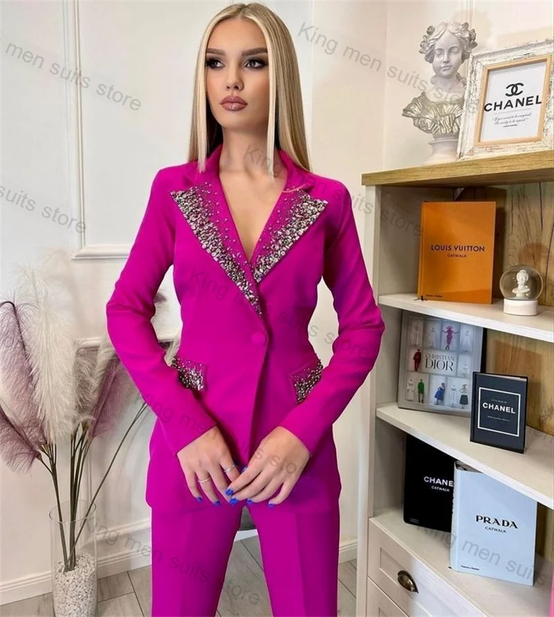 Green Cotton Women Suit Pants Set 2 Piece Crystal Blazer+Trousers Formal Office Lady Coat Jacket Customized Prom Wedding Tuxedo