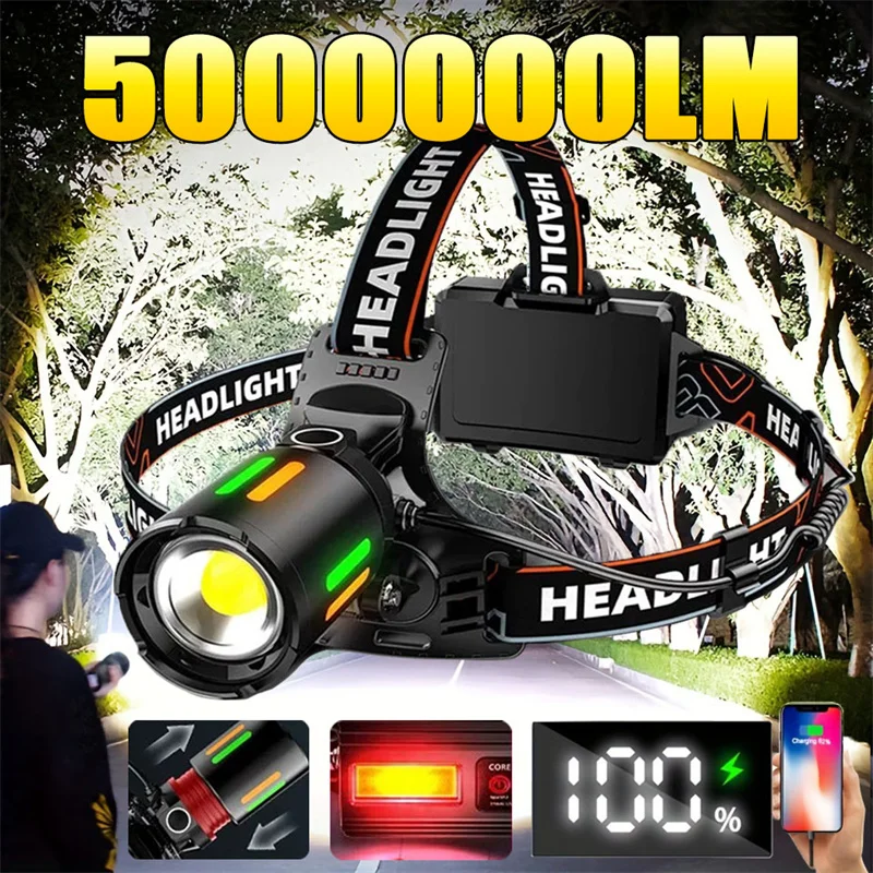 

Powerful Aluminium Alloy Headlamp Power Display Headlight Led Head Rechargeable Phone Head Flashlight Fishing Camping Lantern