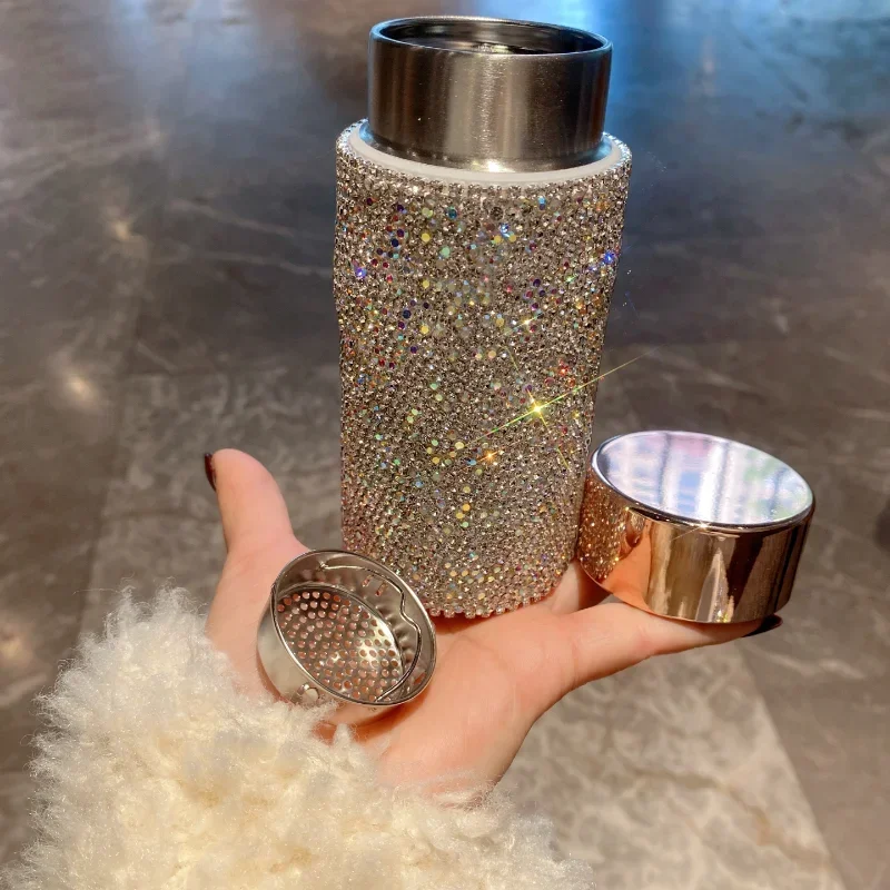 Bling Portable Thermos Cup with Tea Infuser Rhinestone Tumbler Crystal Gift Car Coffee Mug Mini Stainless Steel Water Bottles view 4