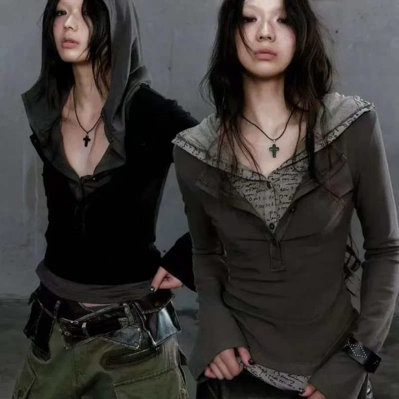 

Поддельные лоскутные топы в стиле панк из двух предметов Mujer 2023, ранняя осень, новый вязаный пуловер Y2k, облегающие толстовки с длинными рукавами, кофты