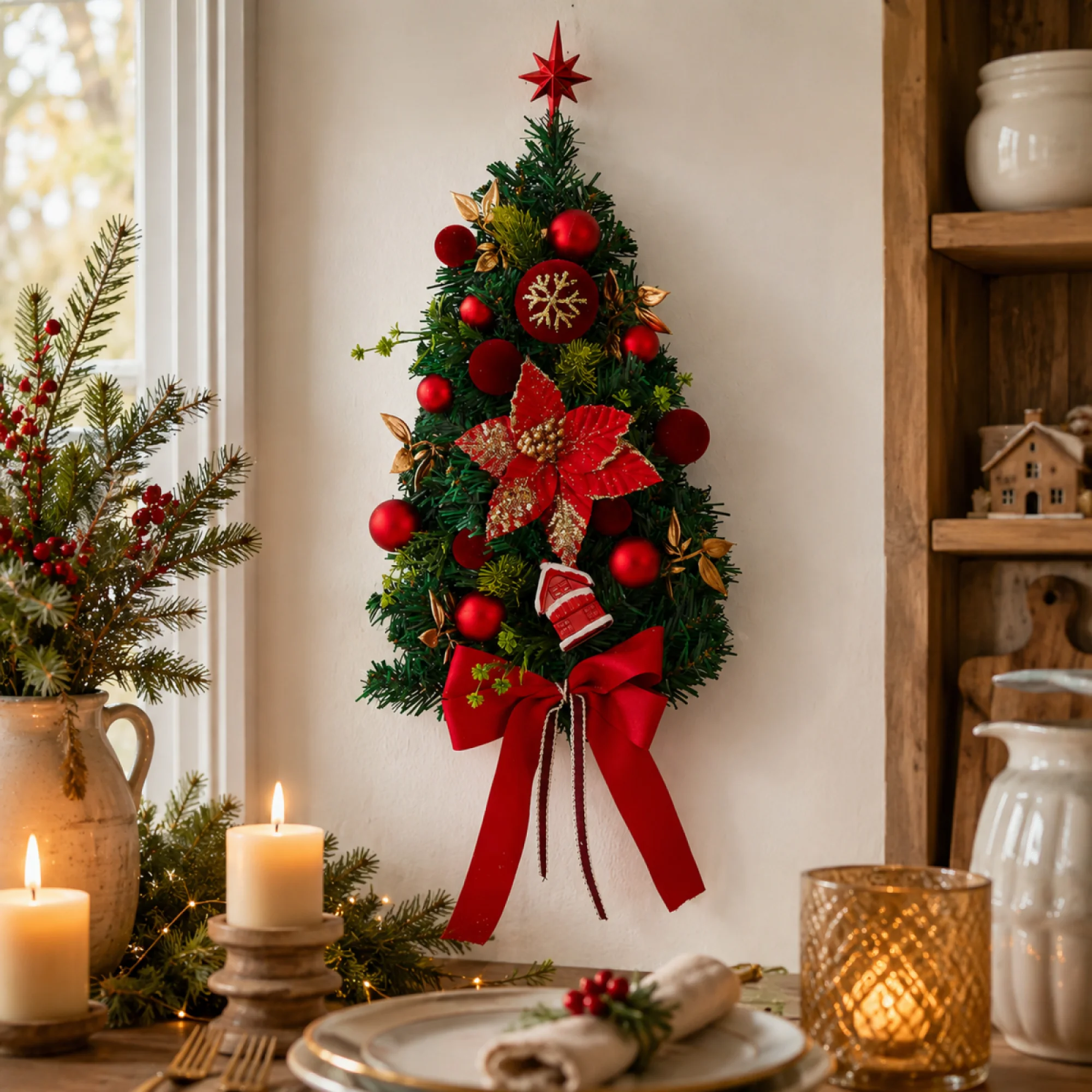 Christmas Tree Shaped Wreath Poinsettia Bow Decor Front Door Teardrop Swags
