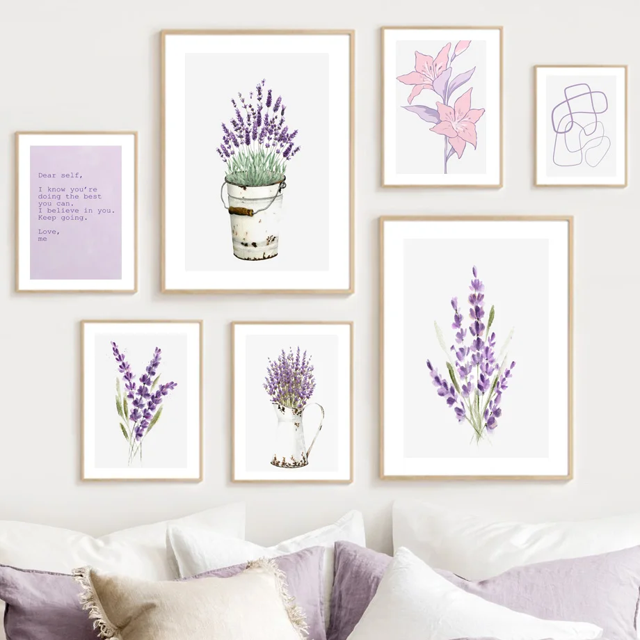 Carteles de acuarela de lavanda e impresión, pintura de lienzo botánico, arte de pared de cocina, Mural, imágenes de pared, s