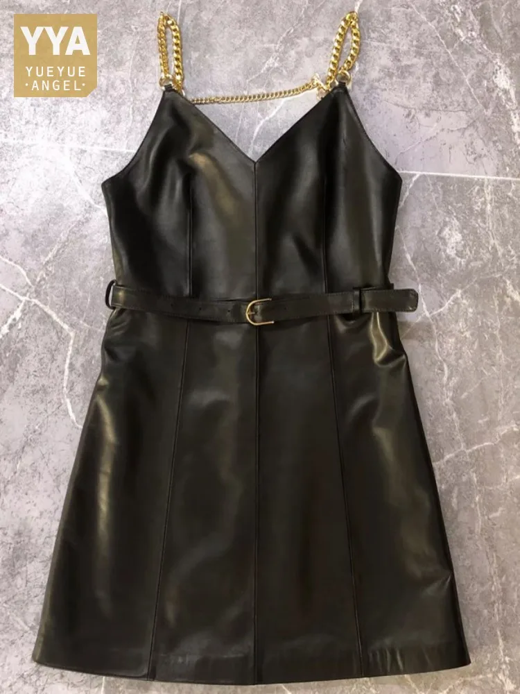 Büro Dame Metall Kette Hohe Qualität Echtes Leder Hosenträger Kleid Einfarbig V-ausschnitt Schärpen Schlank Schaffell A-Linie Kleider