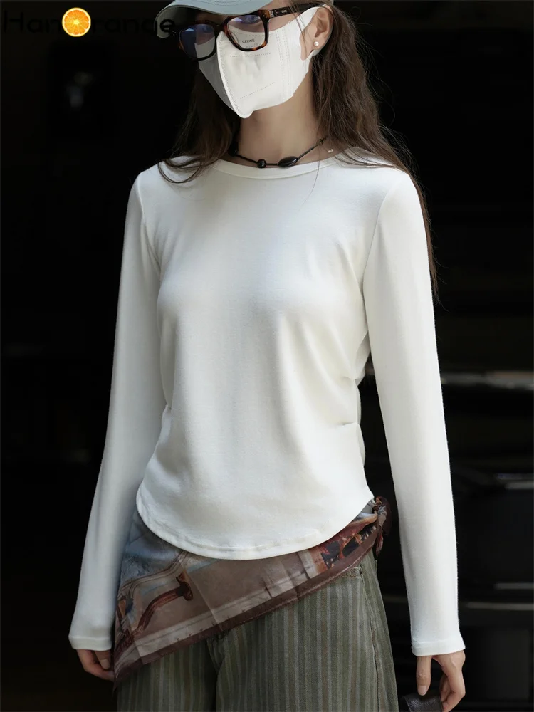 

HanOrange 2025 Autumn Winter Curved Waist Pinch Long Sleeve T-shirt Women Close Fitting Comfortable Breathable Top White/Black