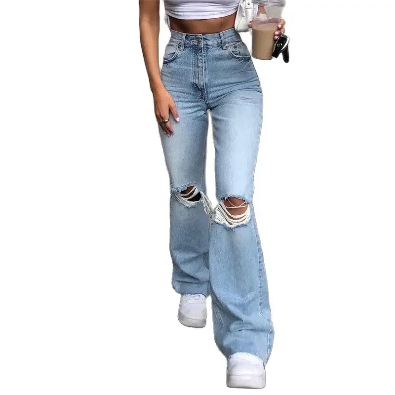 

Women Knees Broken Holes Flared Jeans High Waist Denim Trousers Female Washable Floor-length Pants New Fashion Casual Streetwear