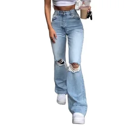 Women Knees Broken Holes Flared Jeans High Waist Denim Trousers Female Washable Floor-length Pants New Fashion Casual Streetwear