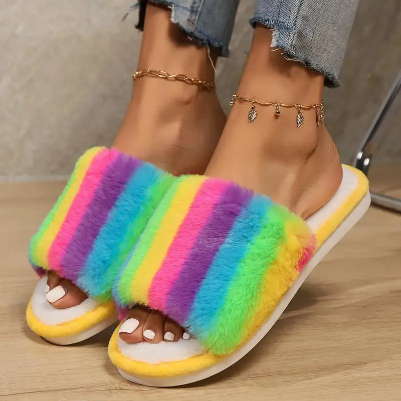 Casual Fluffy Slippers Women House Flats Fashion Popular Rainbow Designer Shoes Girls Home Winter Plush Footwear Ladies Big Size