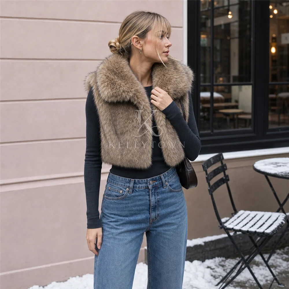 Faux Fur Vest Women Waistcoat Cropped Sleeveless Turn Down Collar Open Front Fluffy High Street Autumn Winter жилет женский