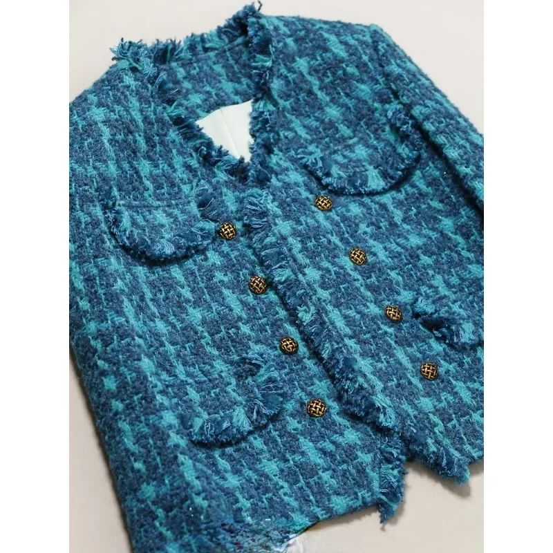 Vintage Blue Tweed Jacket Designer Women Clothing Autumn Winter Coat Blazer Office Lady Korean Chic Fringe Buttons Luxury Coats