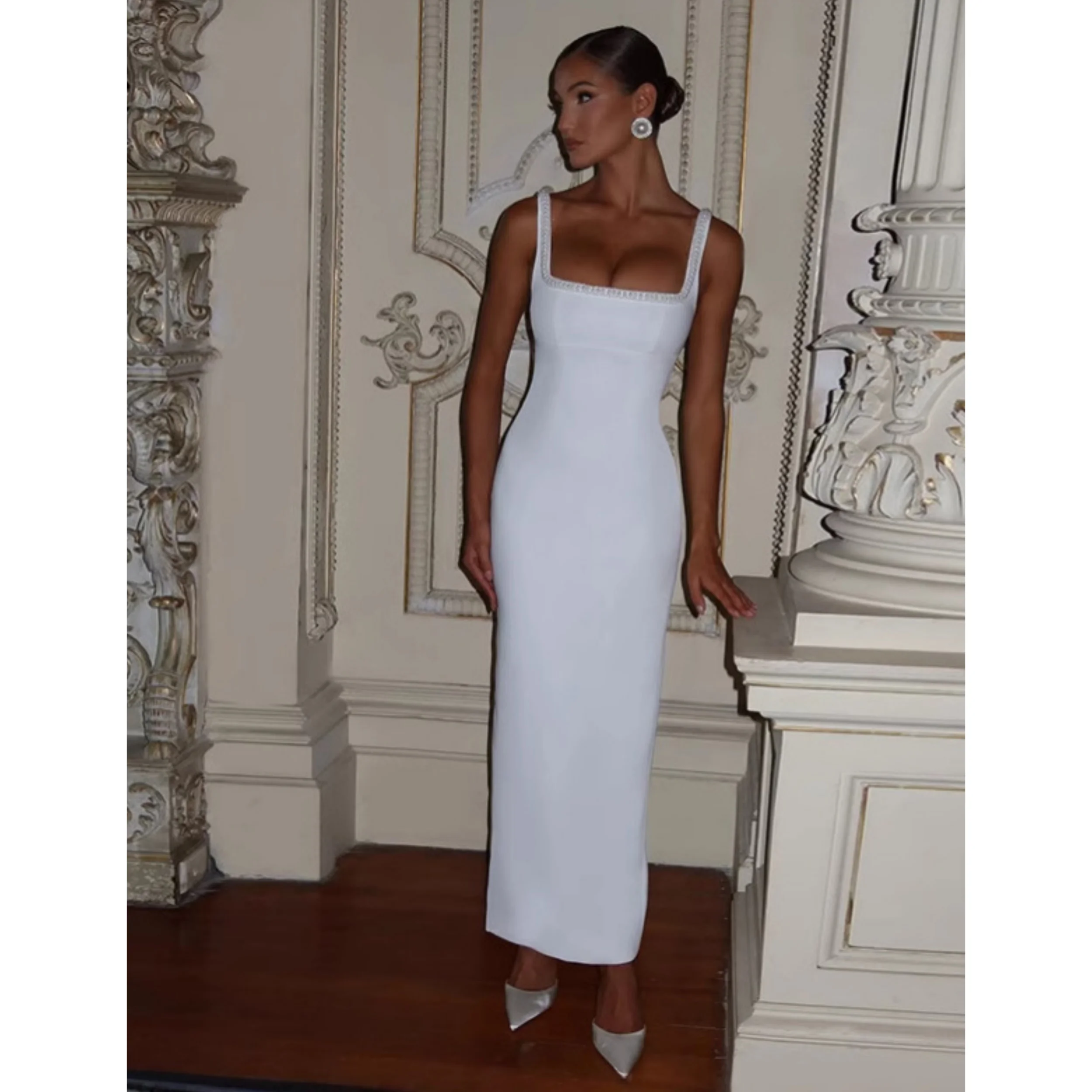 

Sexy Mermaid Prom Dress White Sequare Collar Beading Evening Gowns Personalized Beades Slim Fit Suspender Dress