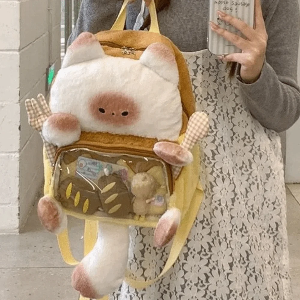 Mochila de Pelúcia de Gato Kawaii Fofa, Mochila de Gato Pão Fofo, Itabag Transparente Macia, Bolsa Escolar para Estudantes, Presente de Aniversário
