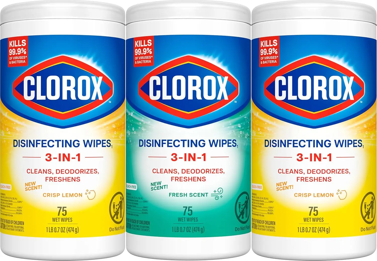 Disinfecting Cleaning Wipes, Bleach-Free Fresh Scent, 75 Count Each in Pack of 3