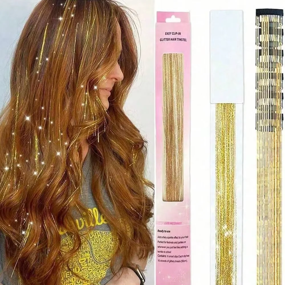 12 Stück Haar-Glitzer-Clips, 19,7 Zoll, Glitzer-Glitzer-Haarverlängerungen, synthetische Clip-in-Glitzer-Haar-Accessoires für Kinder, Mädchen, Frauen