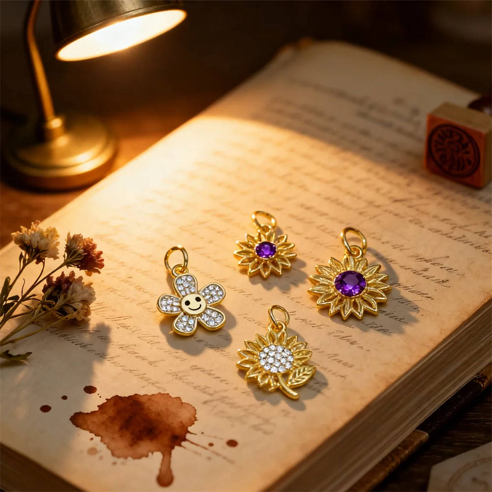 

3Pcs Pendants Brass Zircon Flower Bouquet Sunflower Charms for DIY Jewelry Necklace Bracelet making Accessories for Women Men