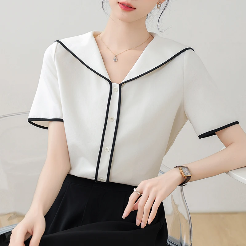 2024 Summer New Sailor Collar Shirts & Blouses Fashion Korean Satin Casual Blouse for Women Patchwork Elegant Office Lady Tops