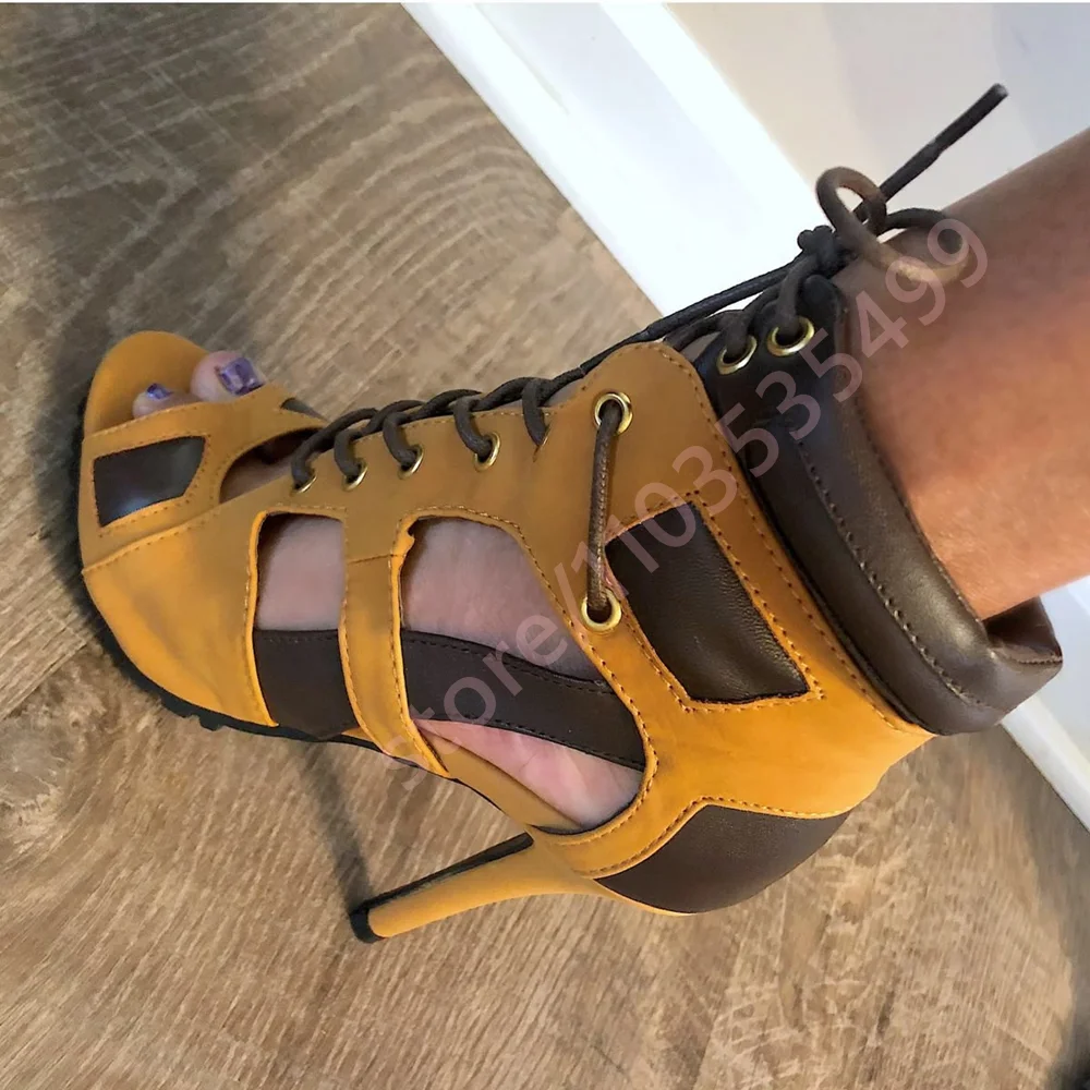 Yellow Brown Color Block Peep Toe Ankle Heel Boots Women Hollow Cutout Lace Up Stiletto High Heel Gothic Clubwear Sandal Booties
