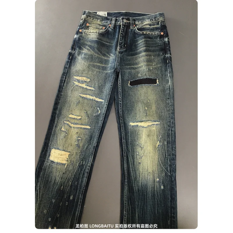 جينز مكسور بفتحة رقعة للرجال ثقيل الوزن من قماش الدنيم القديم أنبوب مستقيم فضفاض 2025 سراويل طويلة راقية جديدة عالية الجودة #6