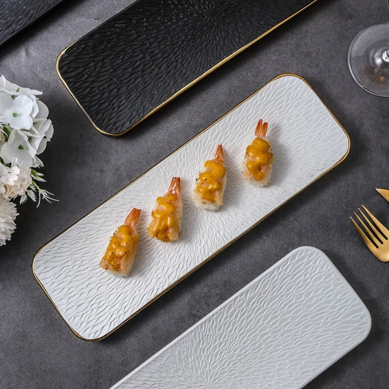 New Phnom Penh Rectangular Sushi Plate Restaurant Ceramic Stone Pattern Cuisine Set Plate Creativity Hotel Strip Sushi Tableware