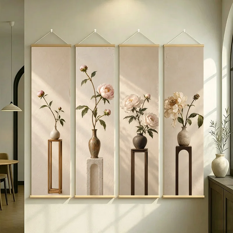 Peony Wall Art 4-Panel Blush Floral Vase Hanging Scroll Set on Cream Silver Shimmer Canvas for Romantic Bedroom Decor