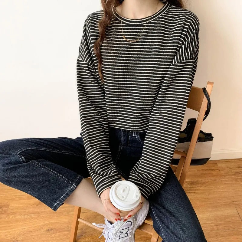 Spring Autumn Women's Clothing New Fashion Pullover Thin Casual New Striped Round Neck Sweater Loose Long Sleeve Large Tops