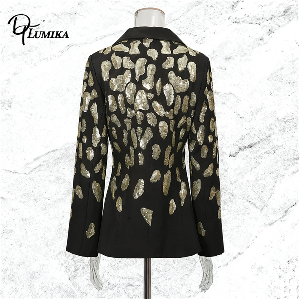 DTLumika Giacca da abito lunga da donna alla moda, abito da festa nero, blazer Suir con paillettes con immagini reali