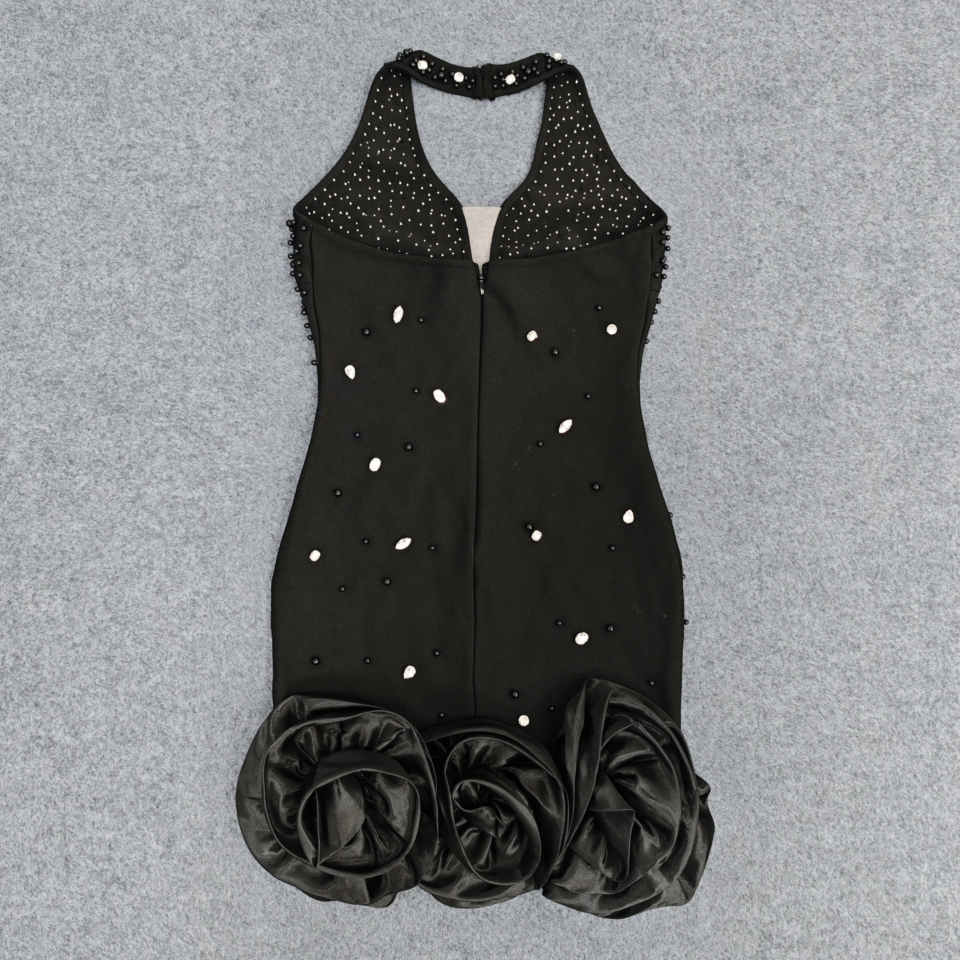 Vestido de noche sexy con escote en V profundo y perlas blancas con incrustaciones de diamantes para fiesta de cumpleaños y chica