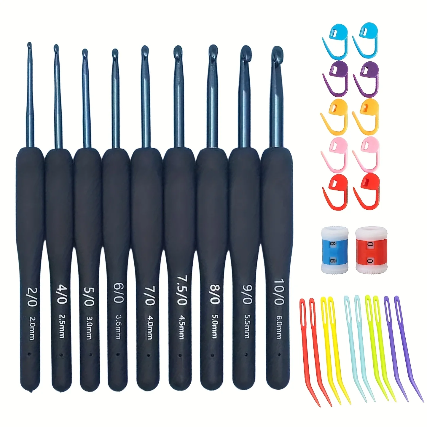 9pcs Ergonomic Crochet Hooks Set 2-6mm Soft Rubber Grip Yarn Knitting Needles with Stitch Markers Row Counter Sewing Tools Kit