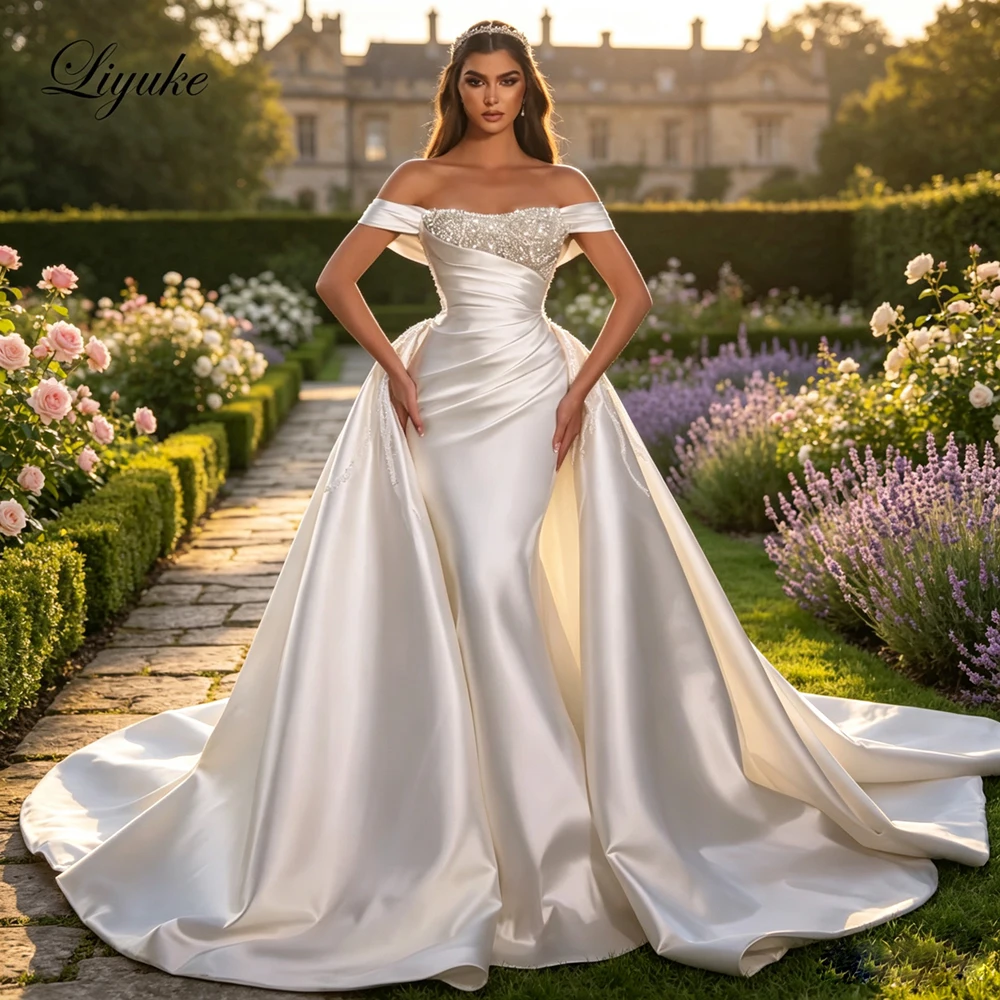 Liyuke Custom Made Luxury Satin Off Shoulder Sleeves Mermaid Wedding Dress Beading Pearls Pleats 2 In 1 Trumpet Bridal Gowns