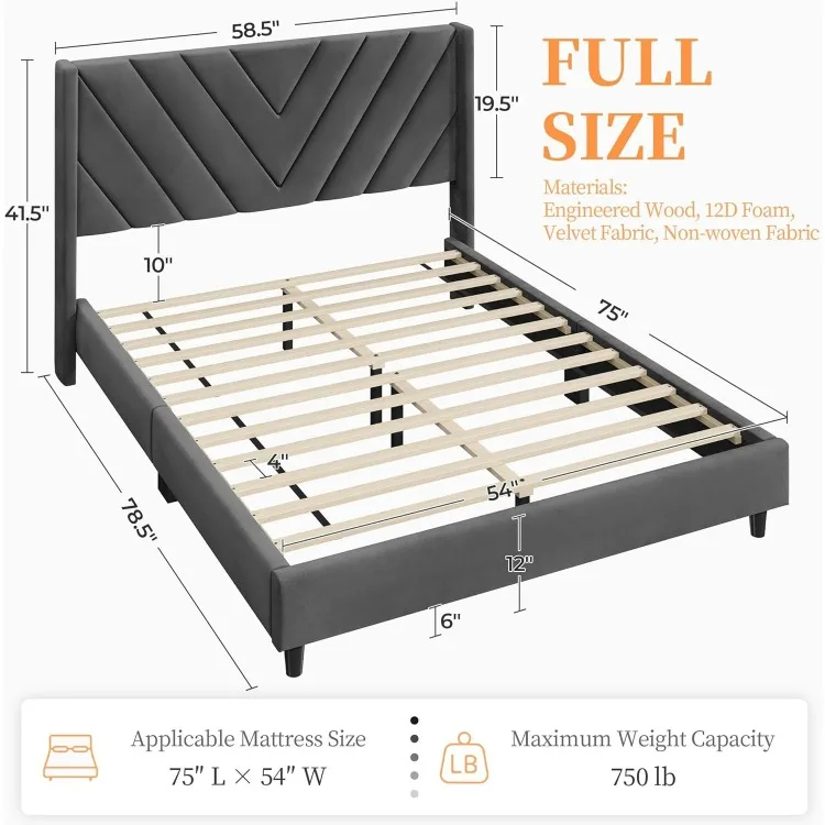 Full Bed Frame Upholstered Platform Bed with Wing Side Tufted Headboard/Sturdy Wooden Slat Support/No Box Spring Needed/