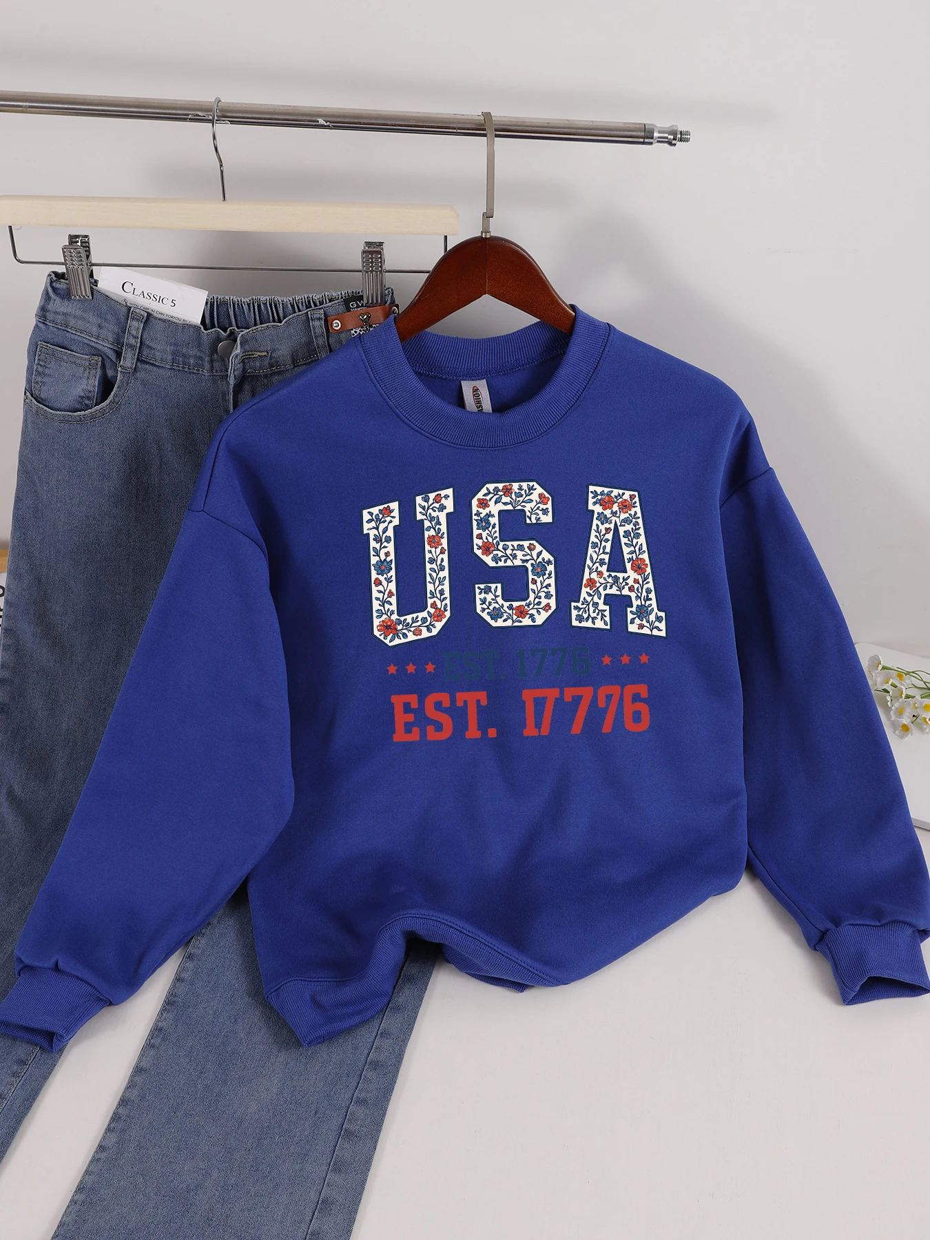 

США Est 1776, женский свитшот с цветочным узором и принтом, флисовые свободные пуловеры, осенняя повседневная одежда, женский спортивный костюм с круглым вырезом в стиле хип-хоп
