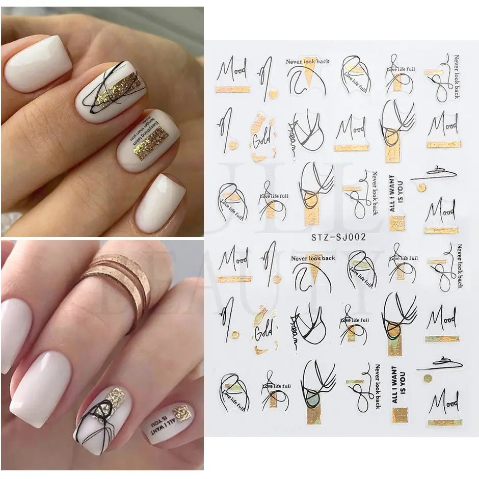 Adesivi geometrici astratti per unghie 3D Laser oro foglie nere linea cuore cursori adesivi Decor decalcomania olografica