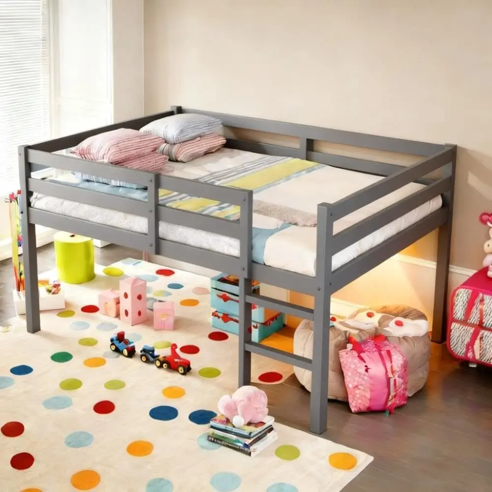PVWIIK Toddler Lot ed with Guardrails,Ladder,Grey | Ruer Wood Low Lot ed or Girls oys,